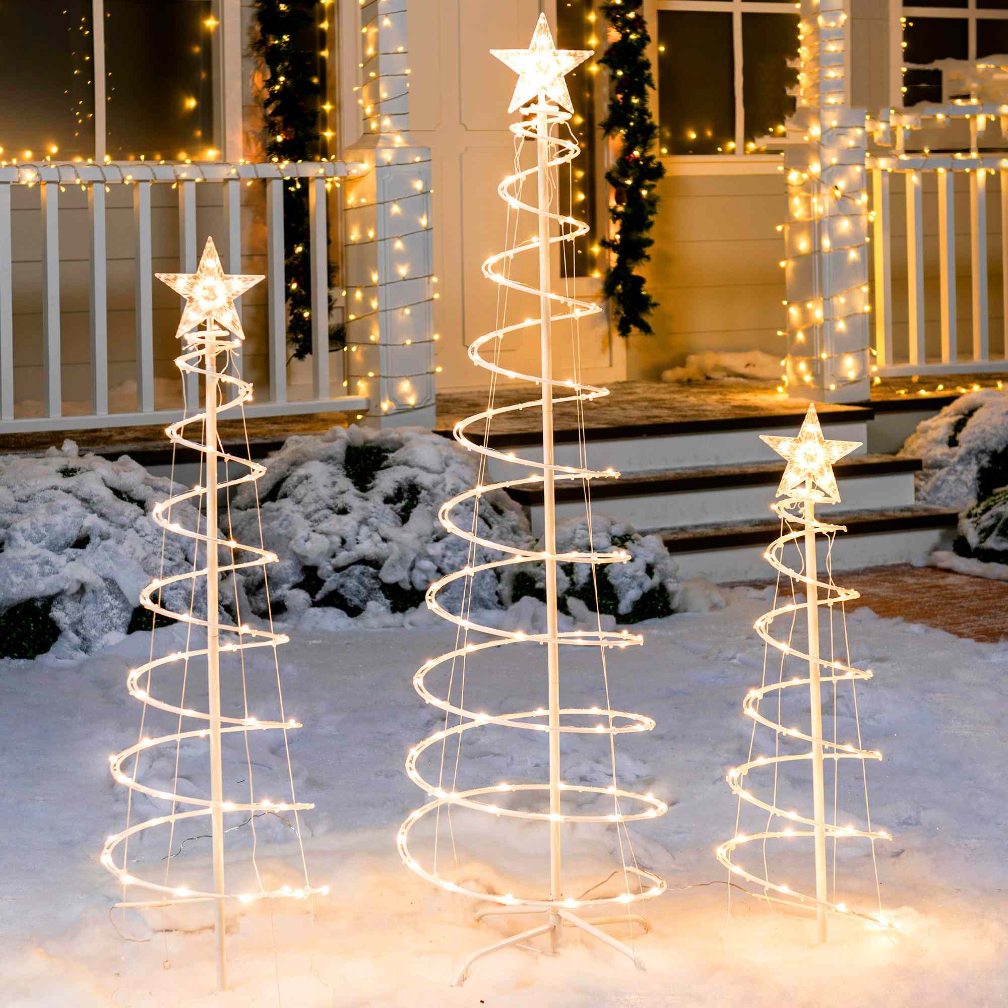 Conjunto 3 Árvores Natal Espiral LED Branca Quente Decoração Exterior Interna