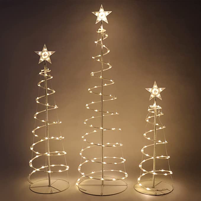 Conjunto 3 Árvores Natal Espiral LED Branca Quente Decoração Exterior Interna