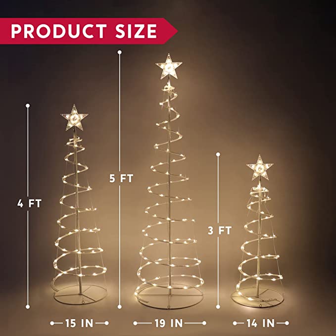 Conjunto 3 Árvores Natal Espiral LED Branca Quente Decoração Exterior Interna