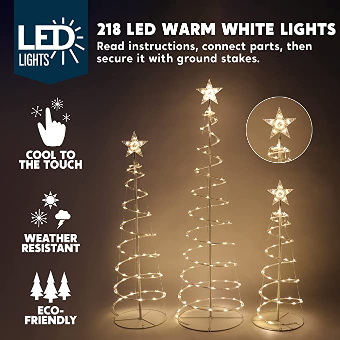 Conjunto 3 Árvores Natal Espiral LED Branca Quente Decoração Exterior Interna