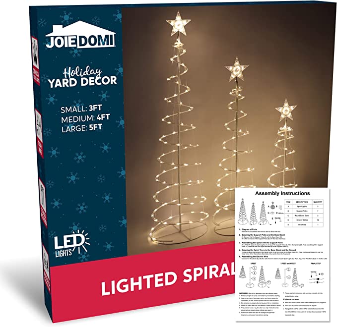 Conjunto 3 Árvores Natal Espiral LED Branca Quente Decoração Exterior Interna