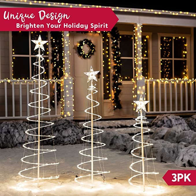 Conjunto 3 Árvores Natal Espiral LED Branca Quente Decoração Exterior Interna