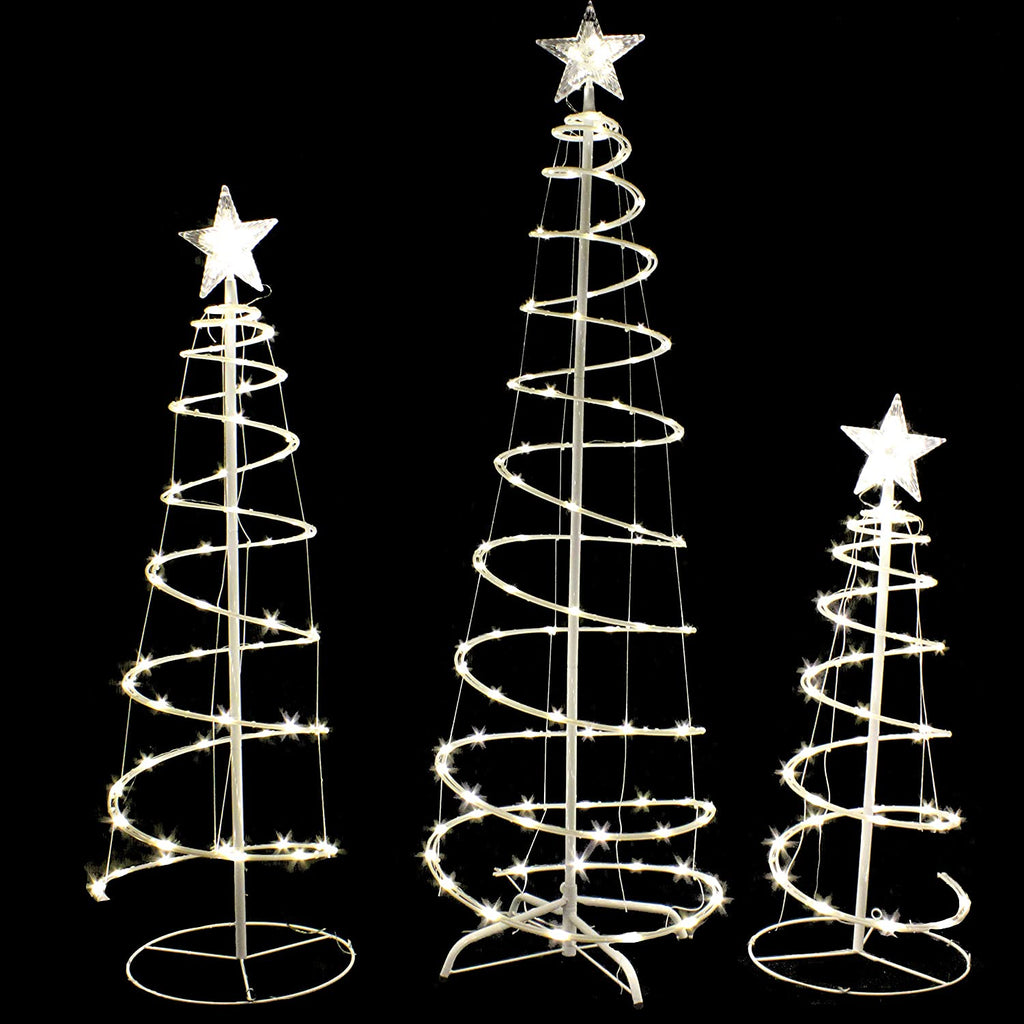 Conjunto 3 Árvores Natal Espiral LED Branca Quente Decoração Exterior Interna
