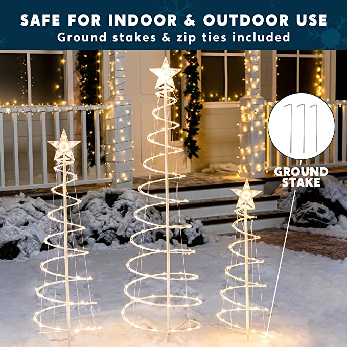 Conjunto 3 Árvores Natal Espiral LED Branca Quente Decoração Exterior Interna