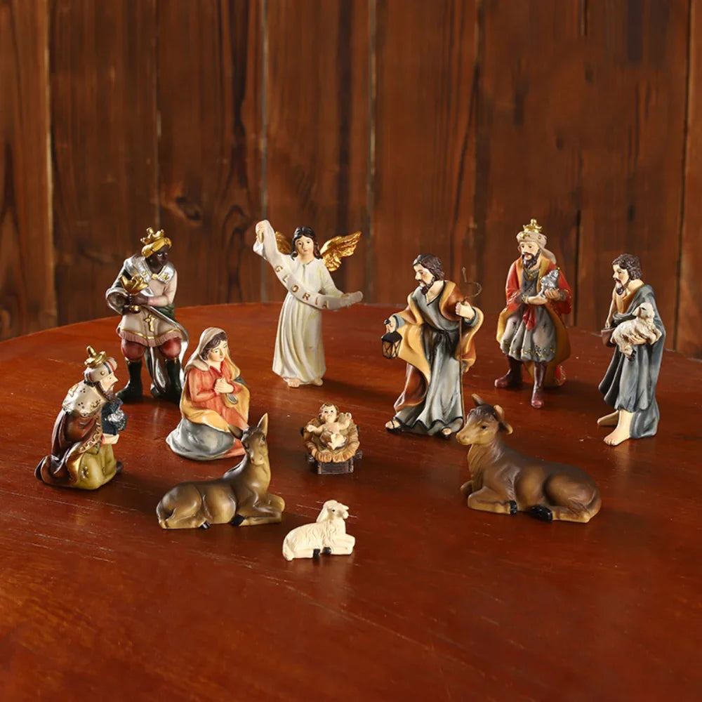 Presépio Natalino Resina Premium 11 Peças Pintado à Mão Decoração Família Tradicional