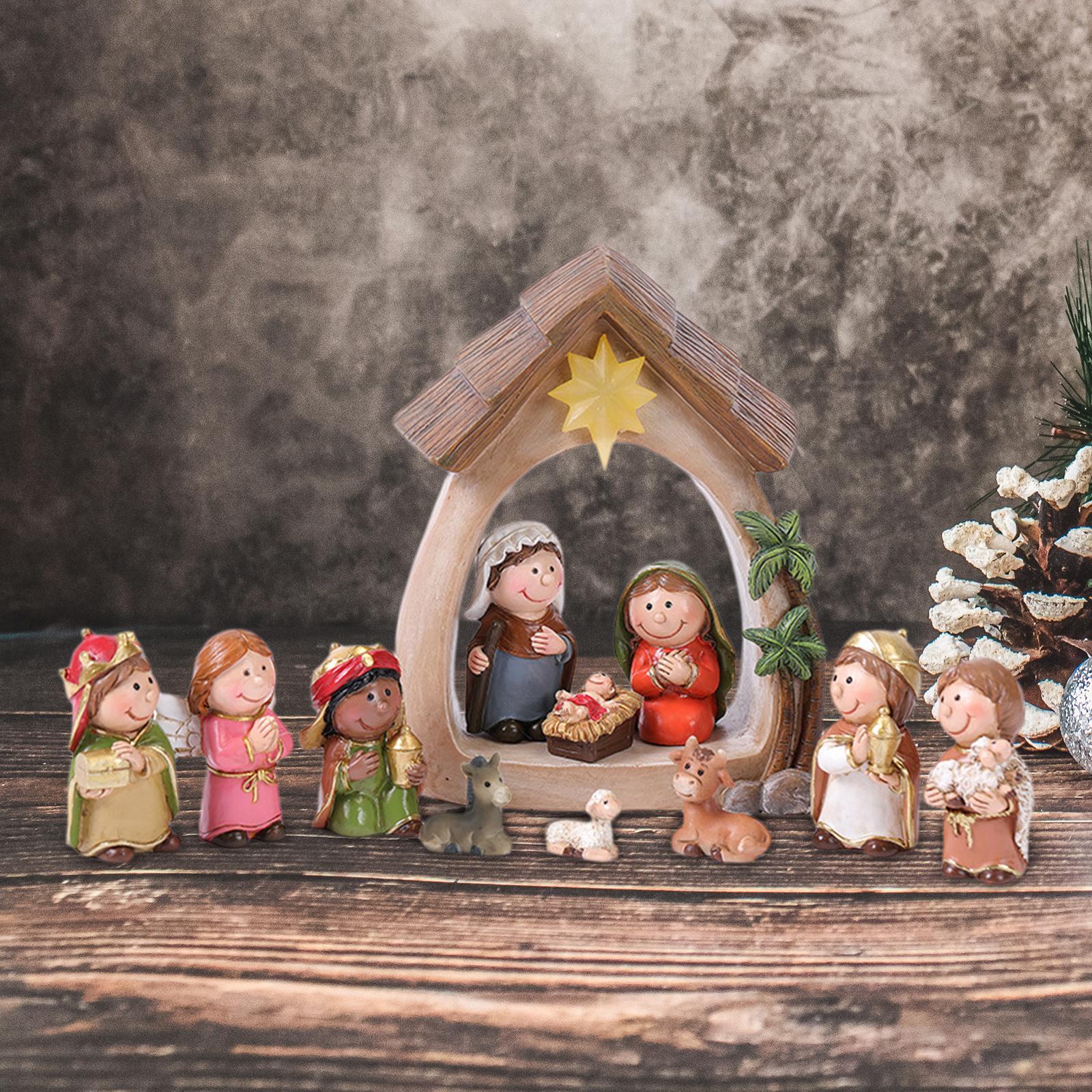 Presépio de Natal Resina Luz LED Família Sagrada Estatuetas Decorativas Magia Tradição
