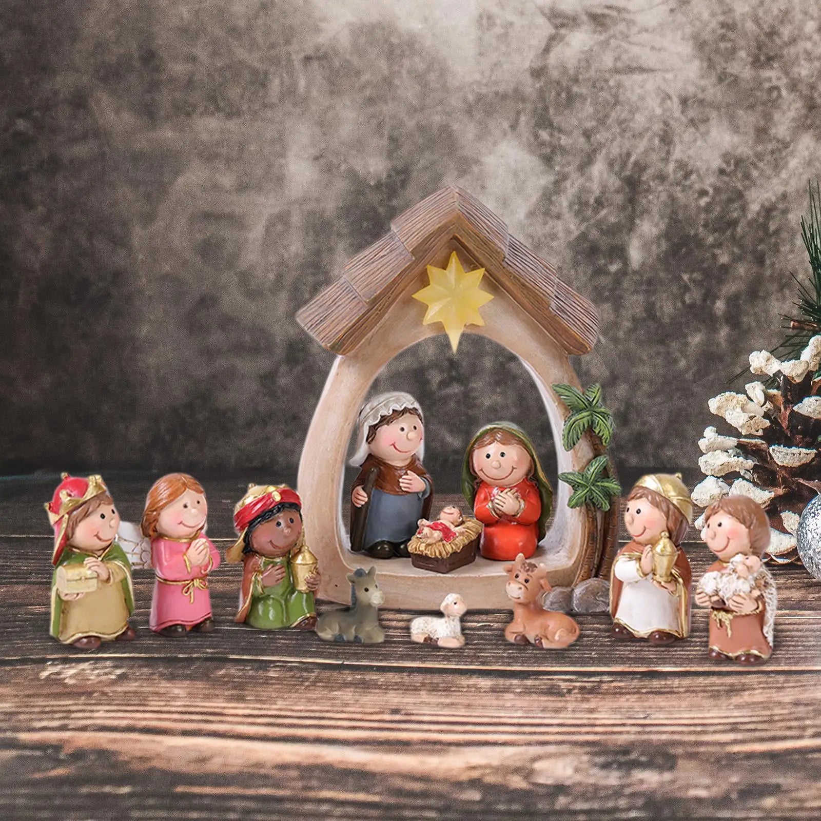 Presépio de Natal Resina Luz LED Família Sagrada Estatuetas Decorativas Magia Tradição