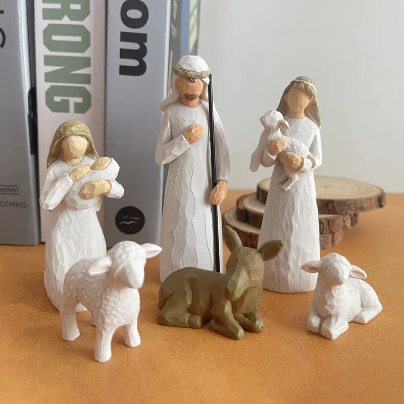 Presépio Natalino Resina Premium Esculpido Mãos Kit Figuras Sagradas Decoração Festiva