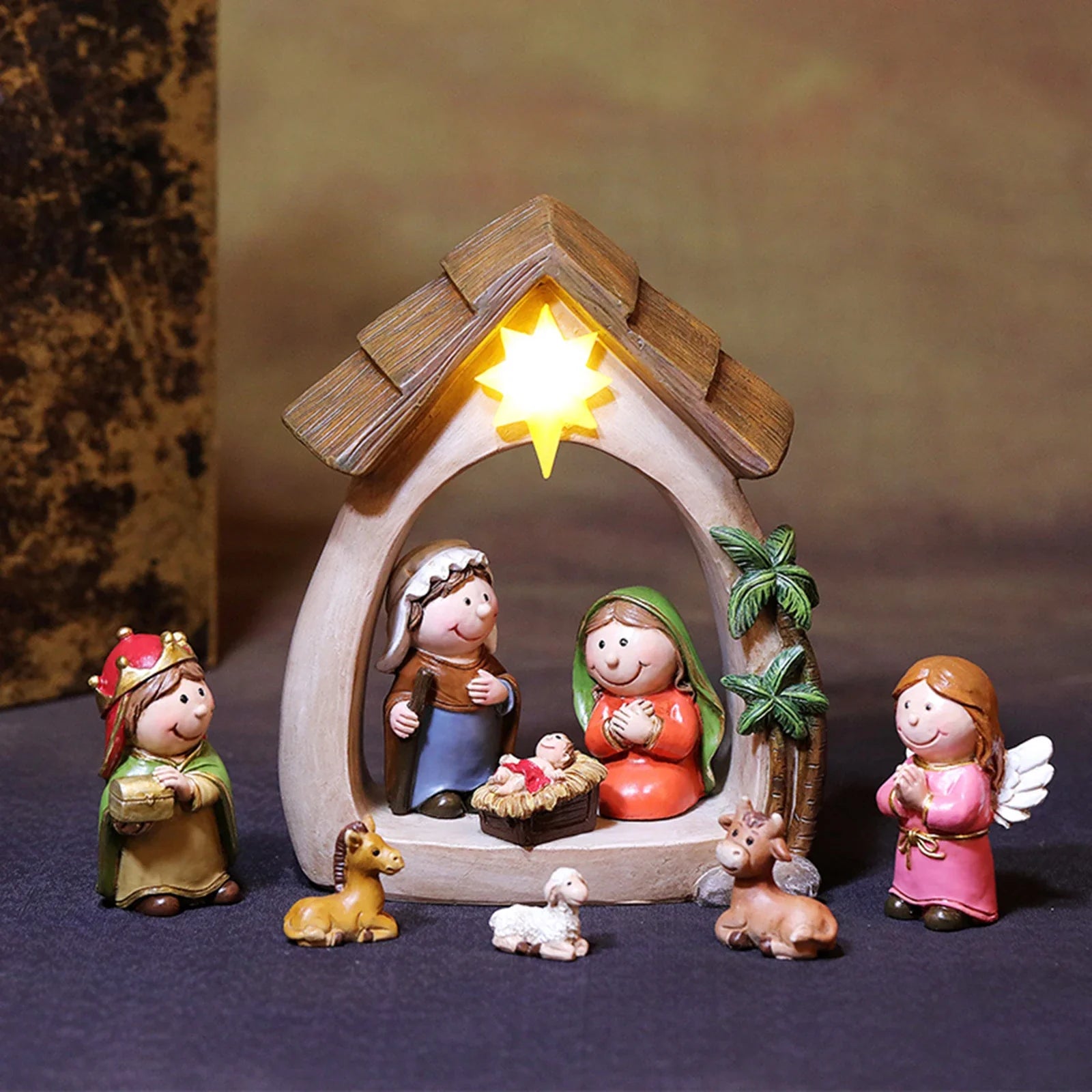 Presépio de Natal Resina Luz LED Família Sagrada Estatuetas Decorativas Magia Tradição