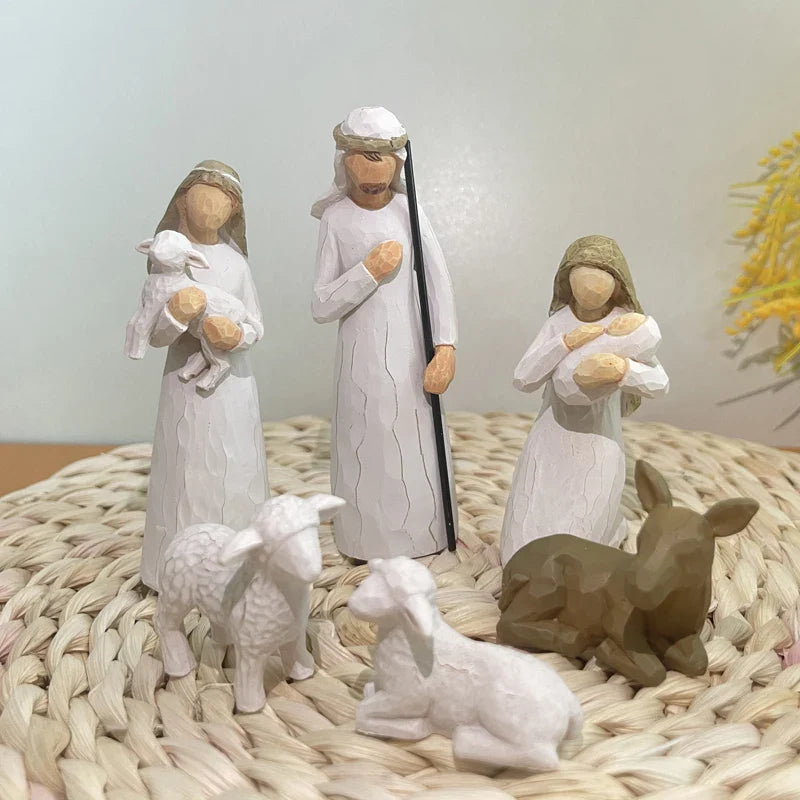 Presépio Natalino Resina Premium Esculpido Mãos Kit Figuras Sagradas Decoração Festiva