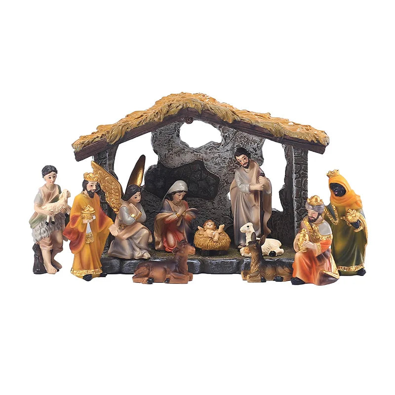 Conjunto Presépio Natalino Resina 12 Peças: Figuras Sagradas Detalhadas Decoração Festiva Lar