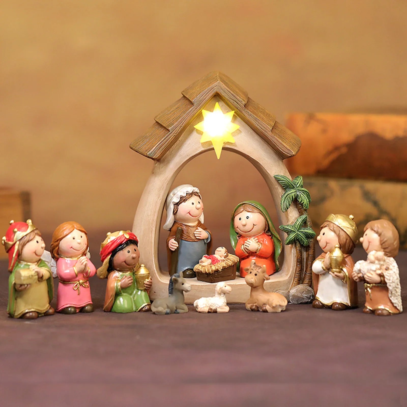 Presépio Natal Completo Iluminado Resina Sagrada Família Decoração Festa