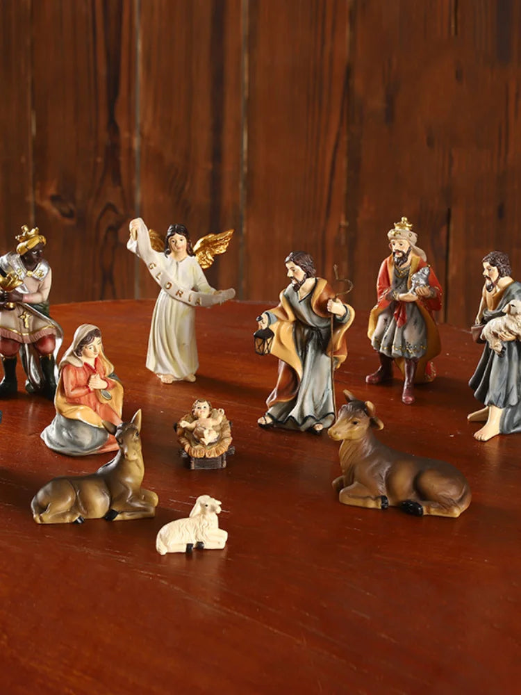 Presépio Natalino Resina Premium 11 Peças Pintado à Mão Decoração Família Tradicional