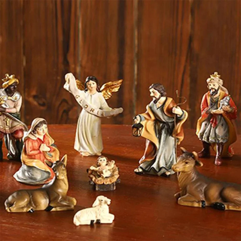 Presépio Natalino Resina Premium 11 Peças Pintado à Mão Decoração Família Tradicional