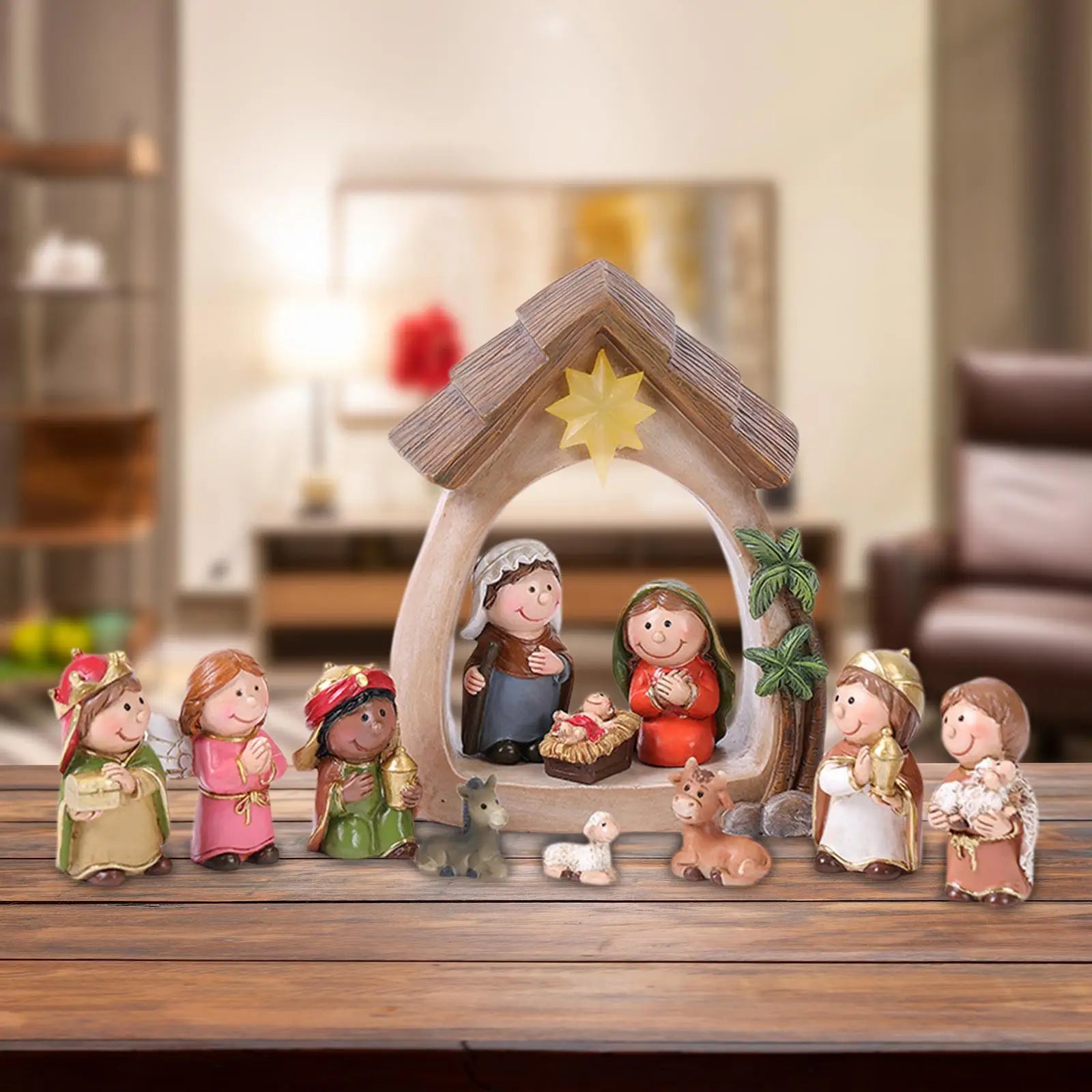 Presépio de Natal Resina Luz LED Família Sagrada Estatuetas Decorativas Magia Tradição