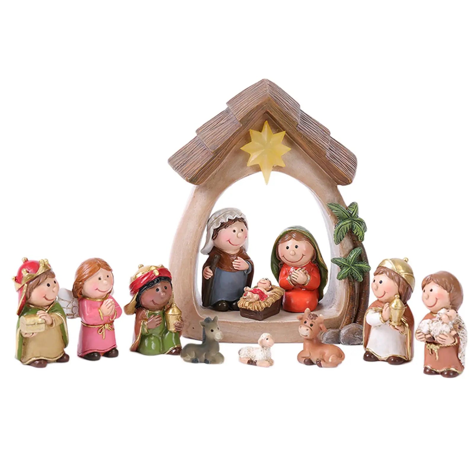 Presépio de Natal Resina Luz LED Família Sagrada Estatuetas Decorativas Magia Tradição
