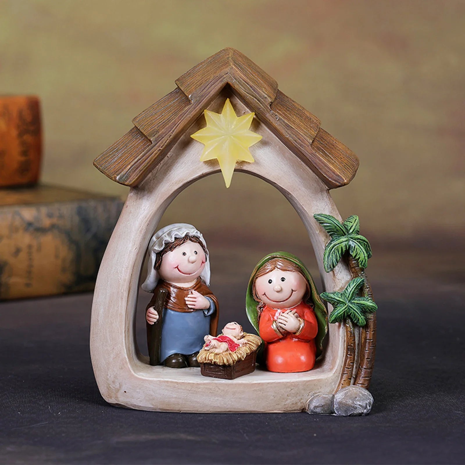 Presépio de Natal Resina Luz LED Família Sagrada Estatuetas Decorativas Magia Tradição
