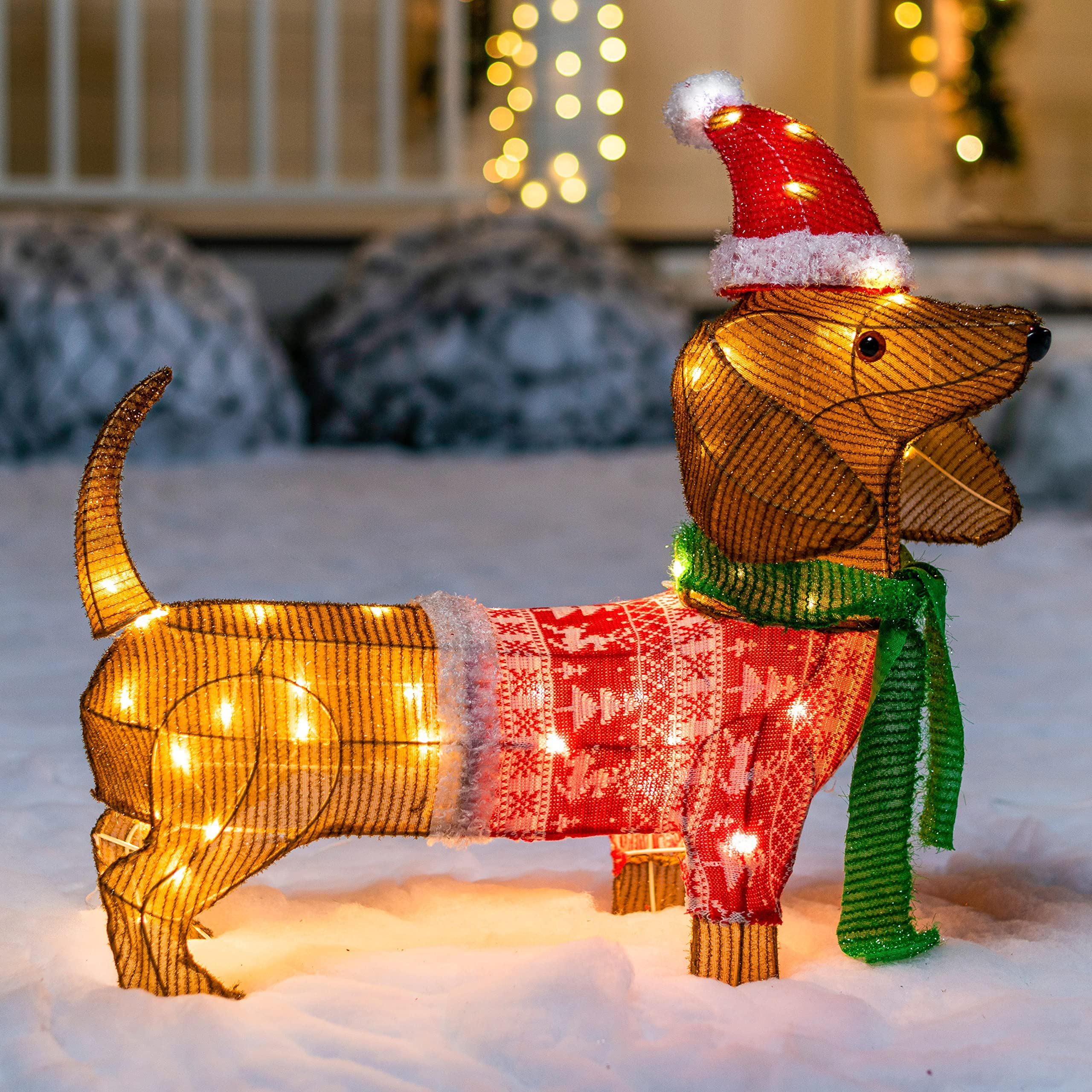 Decoração de Jardim LED Cachorro Salsicha Tinsel Natalino 61cm Brilho Aconchegante