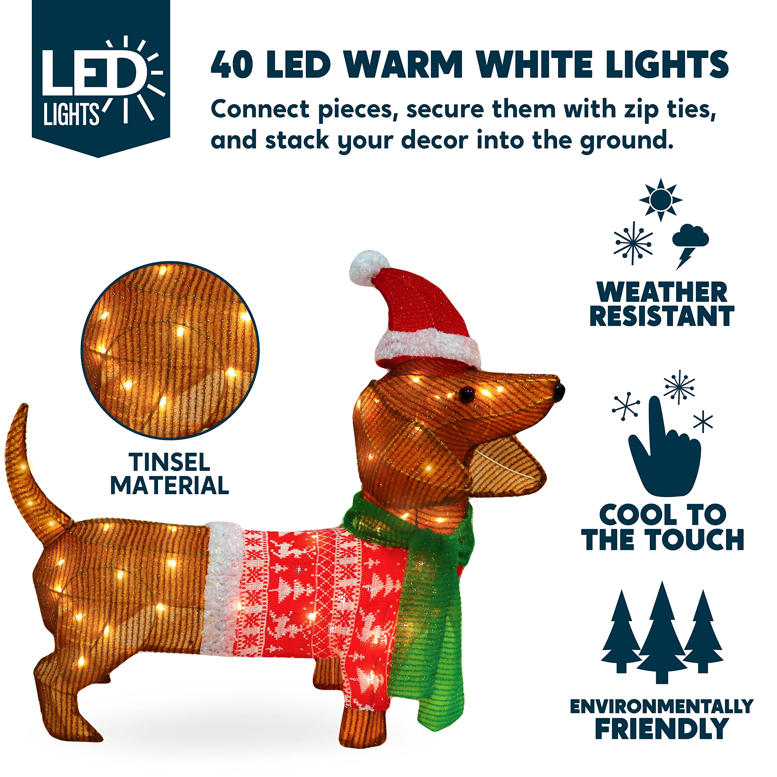 Decoração de Jardim LED Cachorro Salsicha Tinsel Natalino 61cm Brilho Aconchegante
