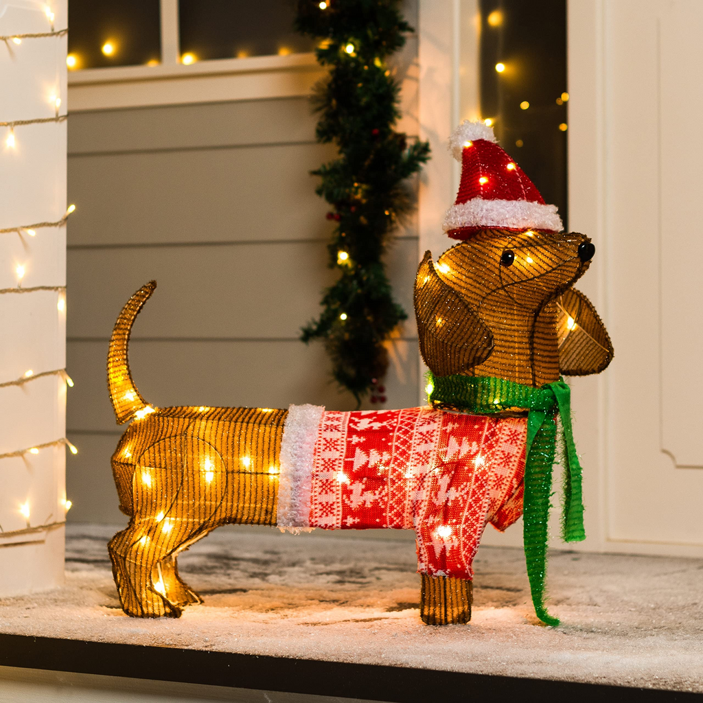 Decoração de Jardim LED Cachorro Salsicha Tinsel Natalino 61cm Brilho Aconchegante