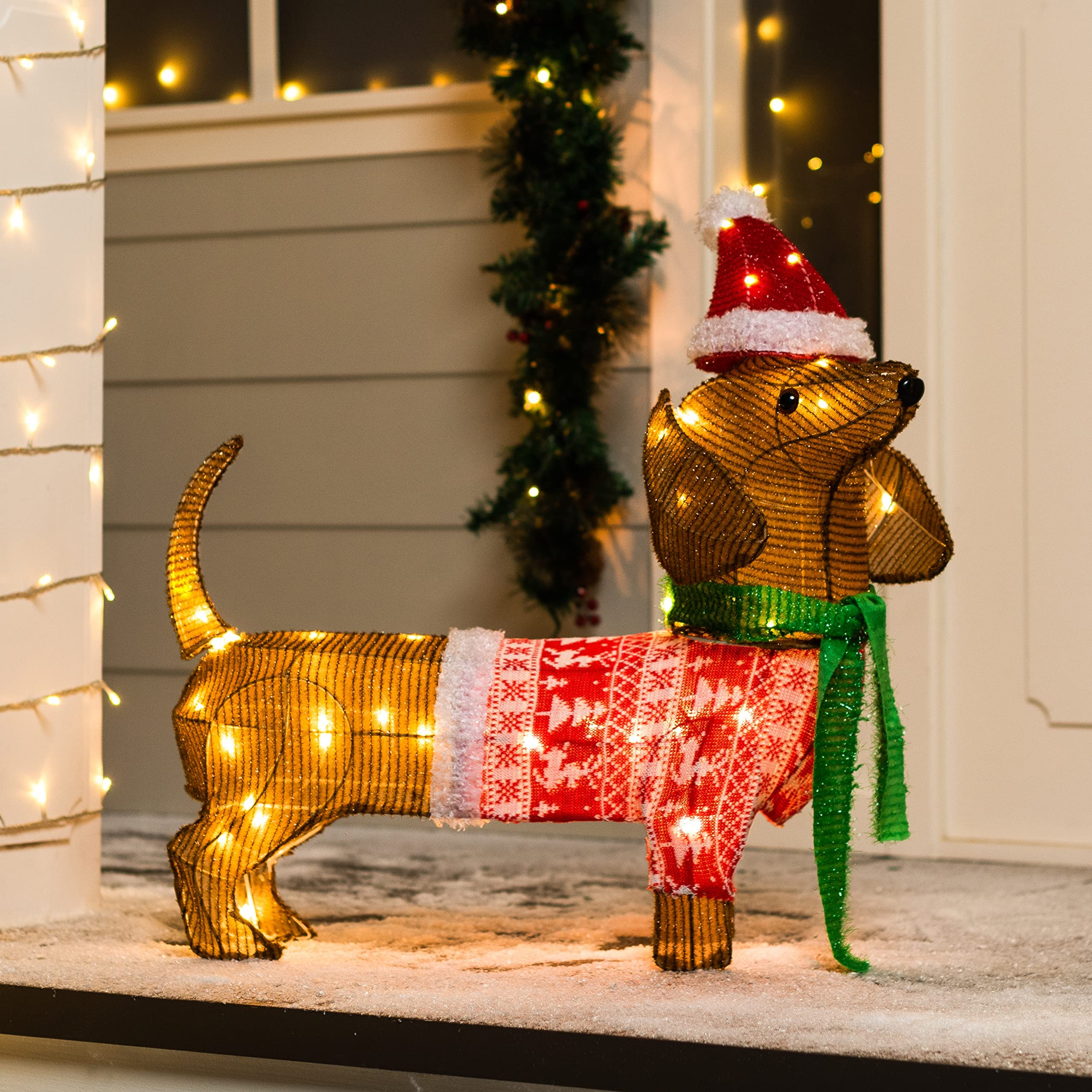 Decoração de Jardim LED Cachorro Salsicha Tinsel Natalino 61cm Brilho Aconchegante