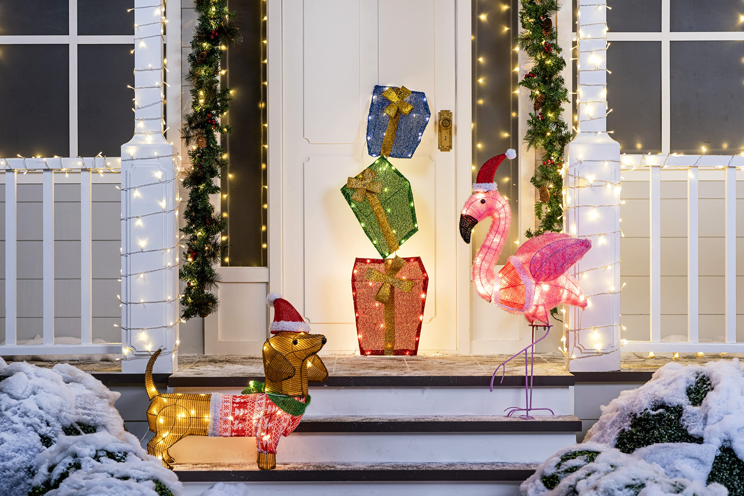 Decoração de Jardim LED Cachorro Salsicha Tinsel Natalino 61cm Brilho Aconchegante