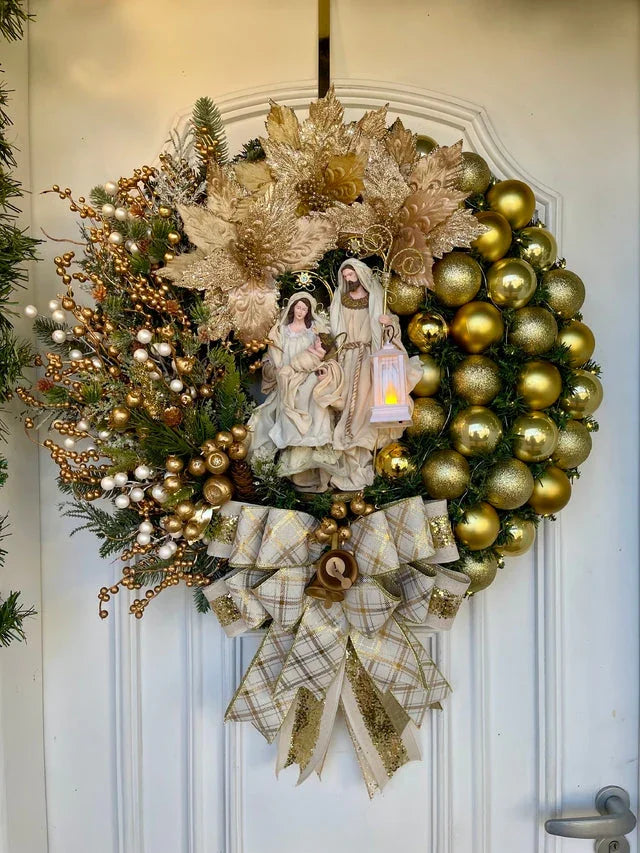 Guirlanda de Natal Sagrada Família Iluminada 65cm: Decoração Festiva com LED para Porta